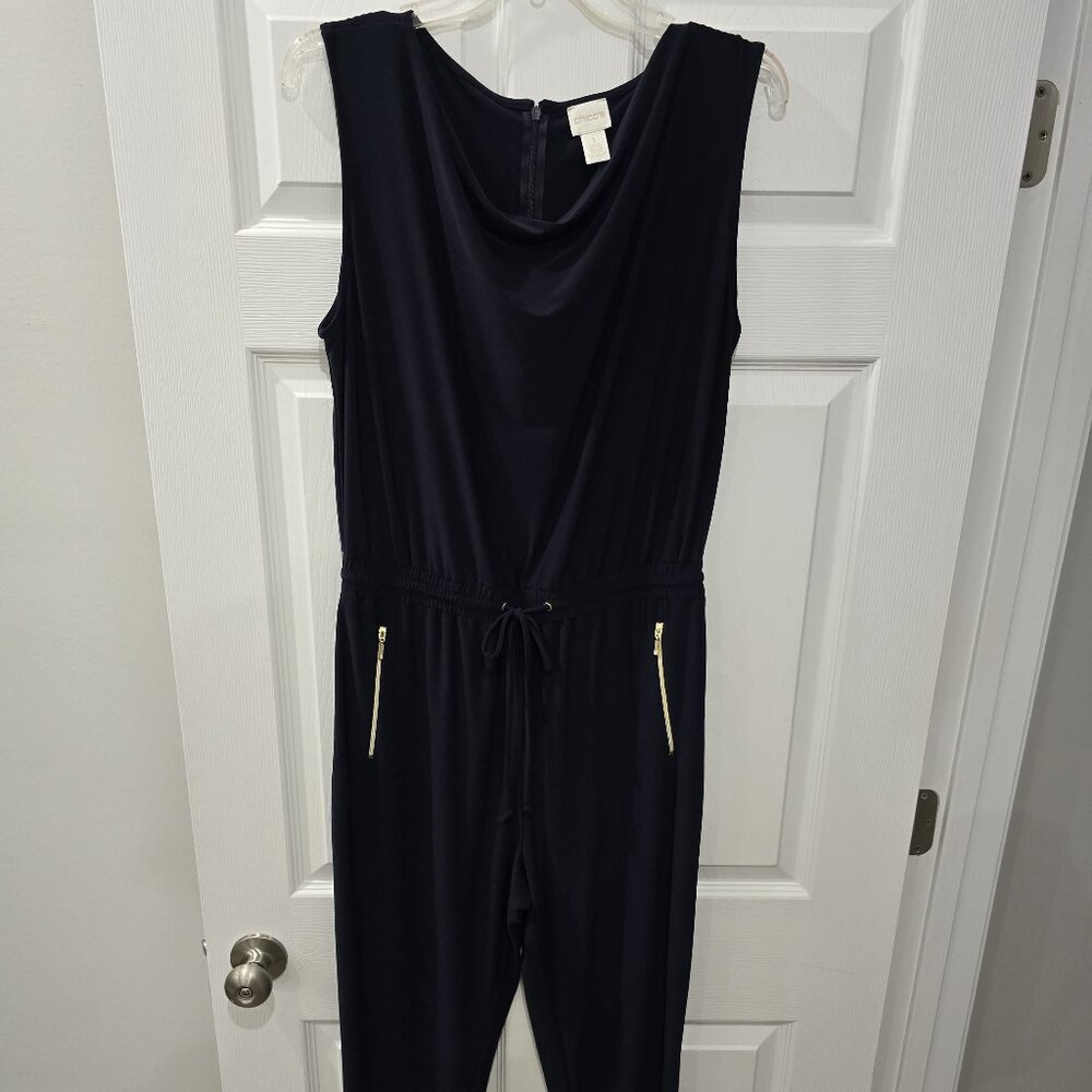 Chico's Sleeveless Navy Blue Jumpsuit With Drape Neckline Size 8, OFFERS WELCOME